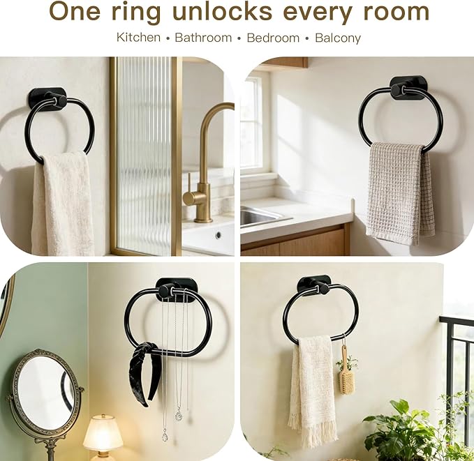 Besteffie Adhesive Towel Ring Self Adhesive Hand Towel Ring Stainless Steel Rustproof Bathroom Towel Holder Wall Mount SUS 304 Stainless Steel Matte Black