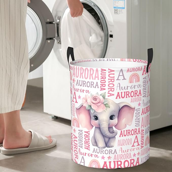 Personalized Elephant Laundry Basket For Baby Kids Boys Girls Adult Custom Hamper Basket With Name For Bathroom Bedrooms Collapsible Baby Laundry Basket, Dirty Clothes Hamper With Handles