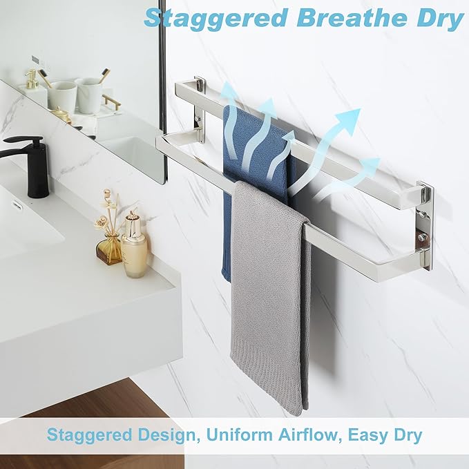 Alise Double Towel Bar, 24" Towel Racks for Bathroom Wall Mounted SUS304 Stainless Steel, Heavy Duty Bathroom Towel Holder, Quick Drying Towel Hanger, Polished Chrome