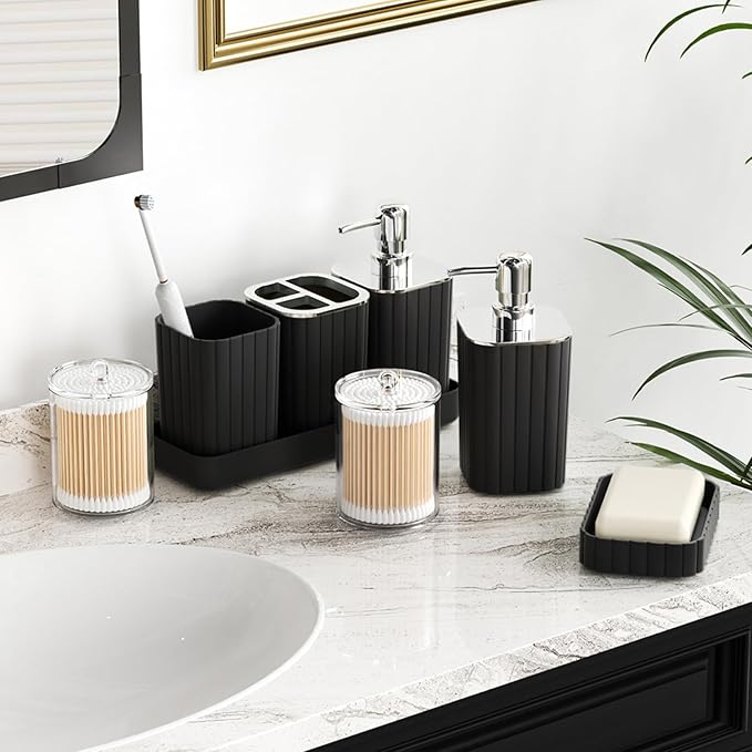 XLHOMO Bathroom Accessories Set - Gorgeous Bathroom Set, 10PC Black Bathroom Accessory Set, Toilet Brush, Trash Can, Qtip Holder & Soap Dispenser