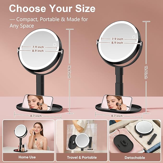 Lighted Makeup Mirror with 10X Magnification, Rechargeable LED Magnifying Vanity Mirror with 3 Lights, Adjustable Height, Storage Base and Phone Holder, Black, 8 inch
