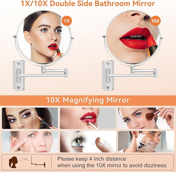 8 inch Wall Mounted Makeup Mirror, 1X/10X Magnifying Double-Sided Wall Mount Shaving Mirror (Close-Up 10X) with Extendable Arm, 360° Swivel for Bathroom Vanity, Chrome (No Light)