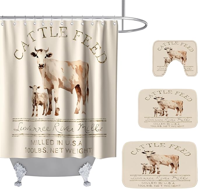 Farmhouse Cattle Feed Cow Rustic Bathroom Sets with Shower Curtain 72Wx72H and Rugs and Accessories Decor with Bath Mat, U-Shaped Contour Velvet Washable 20 x 31 inches Ivory and White
