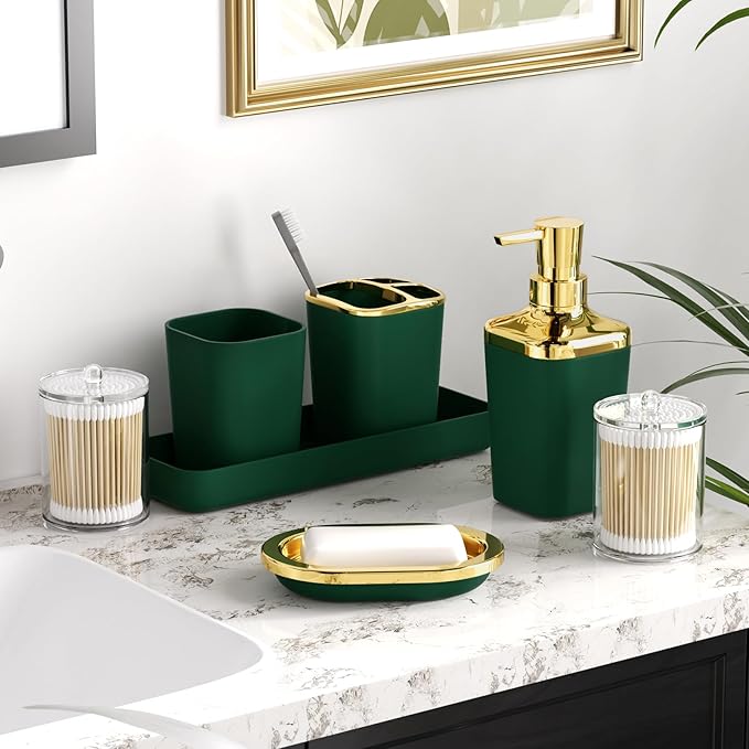XLHOMO Bathroom Accessories Set - Luxury Green Bathroom Set, 9 Pieces Bathroom Accessory Set, Dark Green Bathroom Accessories with Trash Can, Toilet Brush & Soap Dispenser