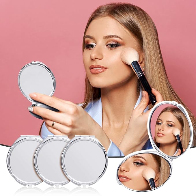Yalikop 8 Pcs Compact Travel Mirror Set - 1X & 2X Magnification Double Sided Mini Makeup Mirror, Folding Round Purse Mirrors for Women & Bridesmaid Gifts (Silver)