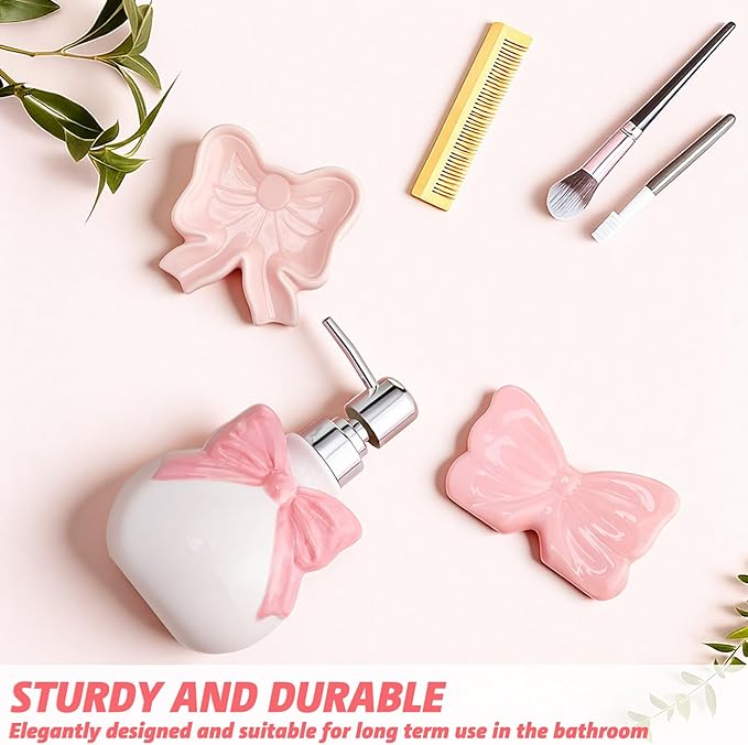 Pink Bow Ceramic Bathroom Accessories Set 3 Pcs for Countertop, Soap Dispenser, Toothbrush Holder, Soap Holder, Bathroom Sink Decor for Modern Home Decor