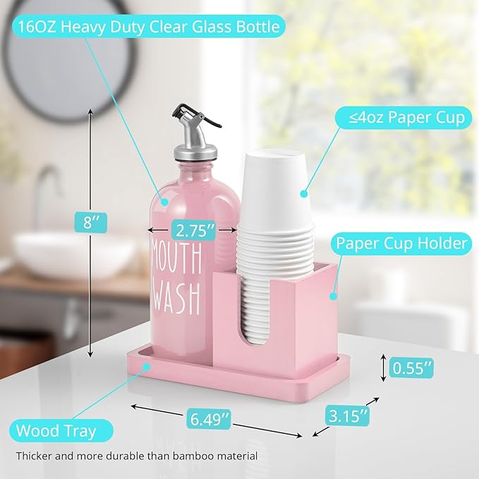 Glass Mouthwash Dispenser for Bathroom, 16 OZ Mouthwash Dispenser with Pour Spout and Wood Cup Holder and Tray, Mouth Wash Bottle Container, Farmhouse Kitchen Bathroom Decor and Accessories, Pink