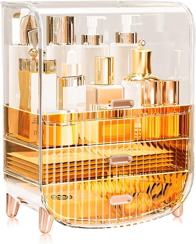 Ergocar Portable Transparent PET Series Multi-Function Make Up Case Dustproof Cosmetic Storage Box, Cosmetics Skin Care Products Jewelry Organizer Case Lipstick Box - Orange Three Layers