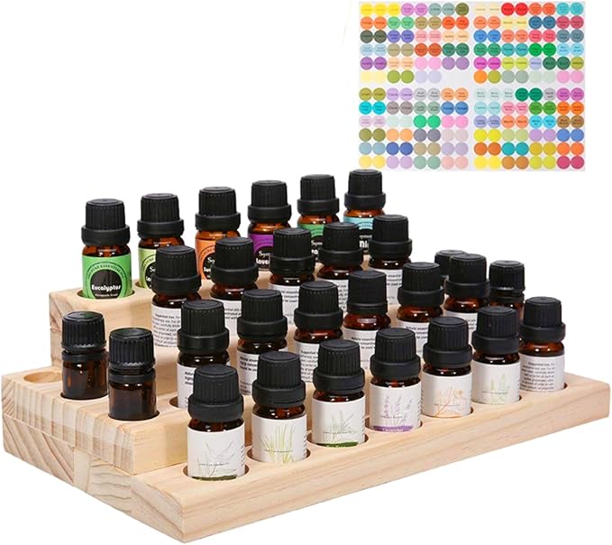 VolksRose 4-Tier Essential Oils Storage Rack, Wooden Essential Oils Nail Polish Display Holder Shelf, Cosmetic Perfume Essential Oil Organizer Stand - 30 Slots for (5ml 10ml 15ml 20ml) Bottles