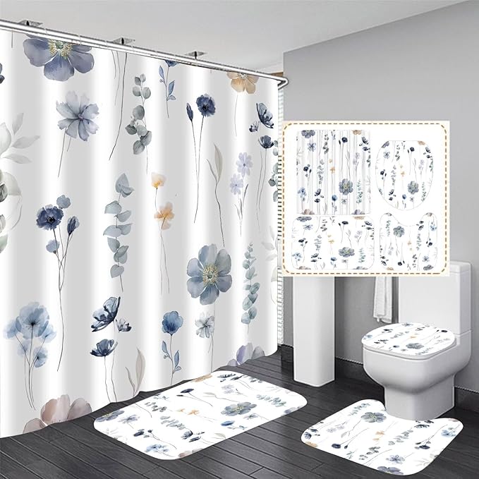 DDQQ 4Pcs Flower Shower Curtain Set with Floral Bathroom Sets, Blue Floral Shower Curtain with 12 Hooks, Bathroom Decor with Rugs Bath Accessories with Shower Curtains for Bathroom Toilet Lid Cover