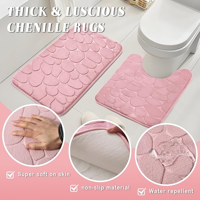 XLHOMO Bathroom Accessories Set- 25PC White Bathroom Set, Bathroom Set with Shower Curtain and Rugs, Pink Shower Curtain Set, Soap Dish & Trash Can