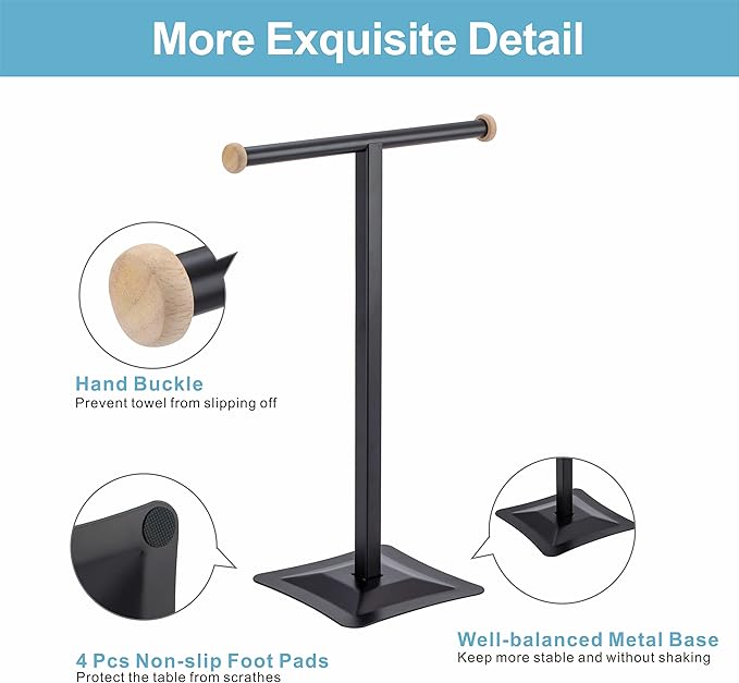 ZCDCP Hand Towel Holder Stand, T-Shape Stainless Steel Towel Rack for Bathroom Countertop with SUS304 Stainless, Black Freestanding Hand Towel Holder