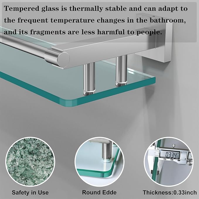 2 Pack Glass Shelf Bathroom Shelves for Bathroom 21inch Rectangular Holder Brackets Stainless Steel Tempered Glass Modern Toilet Storage Stand Mount Accessories Brushed Nickel