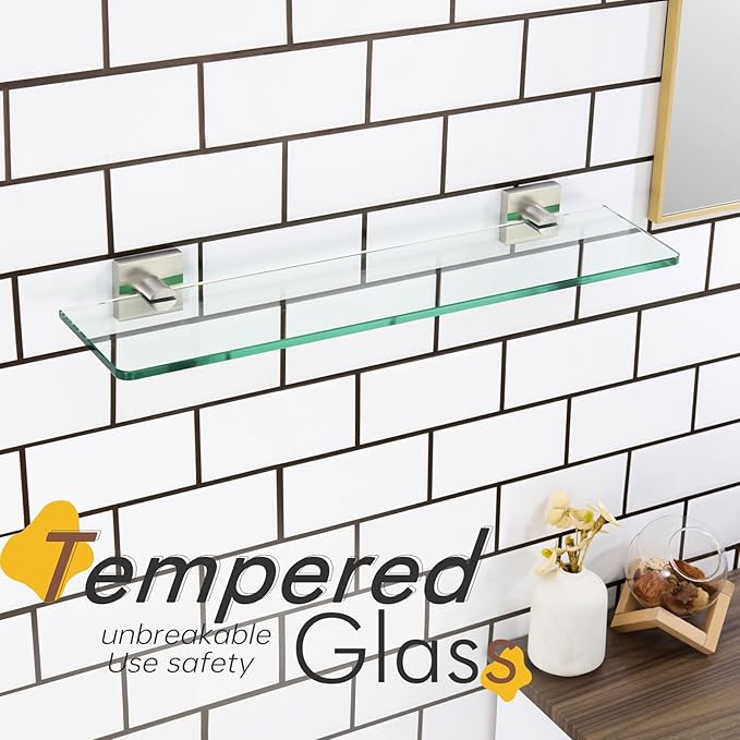KOKOSIRI Floating Shelves Wall Mount 20-Inch Bathroom Tempered Glass Shelf Shower Storage Kitchen Rack, 2 Pack Brushed Stainless Steel B1107BR-L20-P2