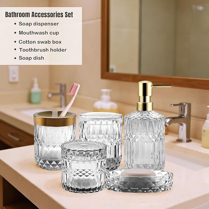 5Pcs White Bathroom Accessories Set, Glass Bathroom Accessories, Vintage Bathroom Countertop Decoration Includes Soap Dispenser, Toothbrush Holder, Qtip Holder,Soap Dish and Rinsing Cup