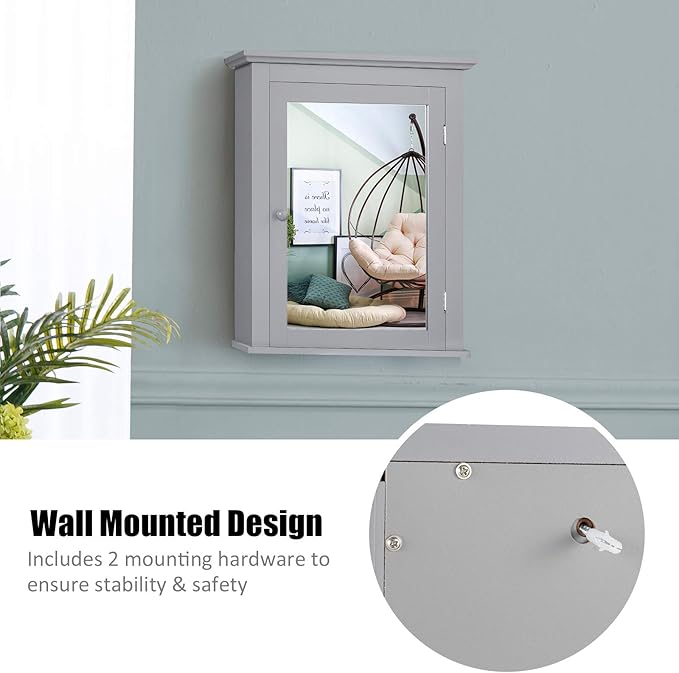 Tangkula Bathroom Cabinet with Mirror, Mirrored Wall-Mounted Storage Medicine Cabinet w/Single Door & Adjustable Shelf in 5 Positions, Multipurpose Wall Cabinet for Bathroom (Gray)