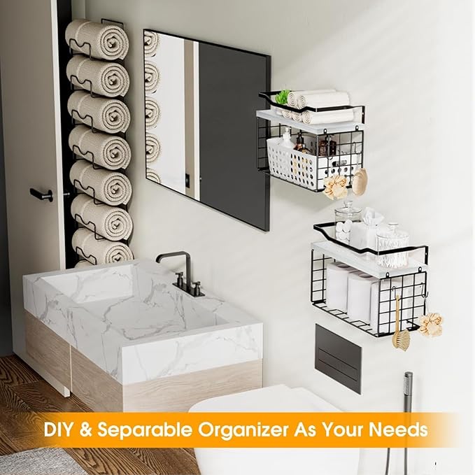 Towel Racks for Bathroom,Towel Rack Wall Mounted, 6 Tier Rolled Or Folded Towel Holder with Floating Shelves, Bathroom Towel Holder for Bath, Hand Towels,Metal,White Wood Panel