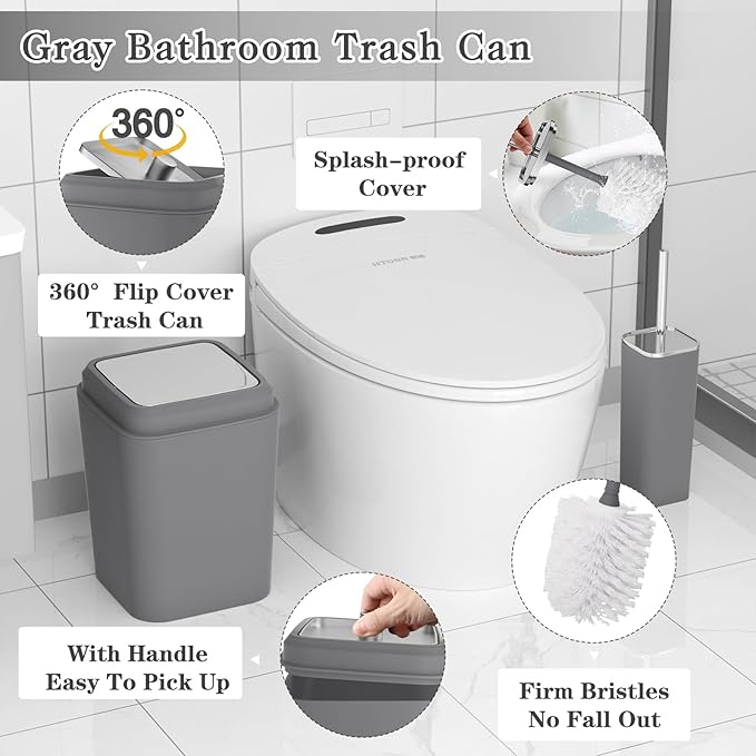 XLHOMO Grey Bathroom Accessories Set, Bathroom Sets with Shower Curtain and Rugs, Trash Can, Tray, Soap Dispenser, Soap Dish, Toothbrush Holder, Toothbrush Cup,Toilet Brush and Qtip Holders for Home