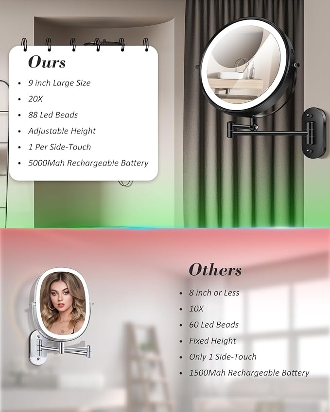 vpu 9" Wall Mounted Makeup Mirror with Light, 20X/1X Height Adjustable Double Sided Magnifying Bathroom Lighted Mirror, 3 Color Touch Dimmable Extended Arm 360 Rotation Light up Magnification Mirrors
