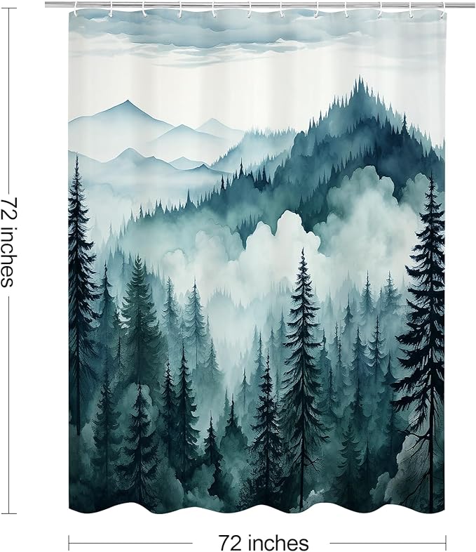 Peacock Blue Misty Pine Forest Shower Curtain, Mountain Foggy Woodland Scenery Tree Shower Curtains for Chic Rustic Bathroom, Abstract Modern Waterproof Nature-Themed Decor, 72x72 Inches
