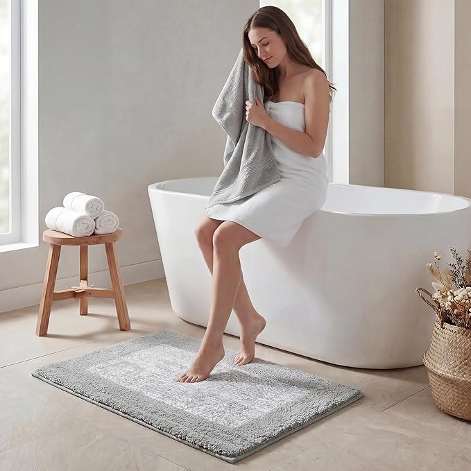 GRANNY SAYS Bathroom Rugs, Bath Mats for Bathroom Non-Slip, Super Soft and Water Absorbent, Microfiber Bath Rugs, Machine Wash Dry, Bath Rugs for Floor, Tub and Shower, 16" x 24" Grey & White