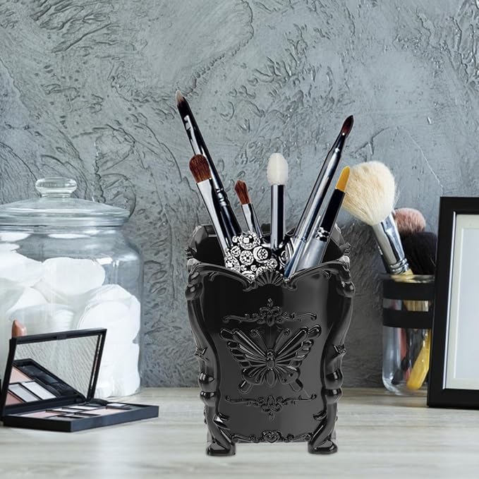 Operitacx Black Acrylic Makeup Brush Holder Cup with Butterfly Carved Design Cosmetic Organizer for Vanity Desktop Storage 3.93X3.14X3.14 Inch