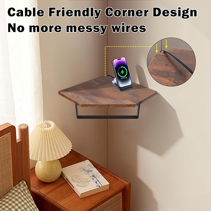 Hand Towel Holder/Towel Ring with Wooden Shelf, Hand Towel Rack, Hand Towel Hanger for Bathroom, Corner Bath Accessories Wall Mounted, Matte Black (9.2"-Diamond Shaped)