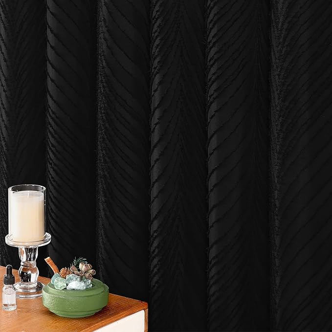 BTTN Black Boho Farmhouse Shower Curtain, Tufted Leaves Textured Striped Fabric Shower Curtain Set with Tassels, Water Repellent, Modern Minimalist Shabby Chic Shower Curtains for Bathroom, 72 x 72
