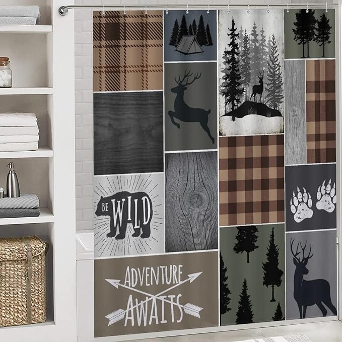 Retro Cabin Bear Deer Shower Curtain Sets with Rugs 4 Piece Accessories Bathroom Curtains Shower Set Include Shower Curtain Non-Slip Rug Toilet Lid Cover Bath Mat One Size