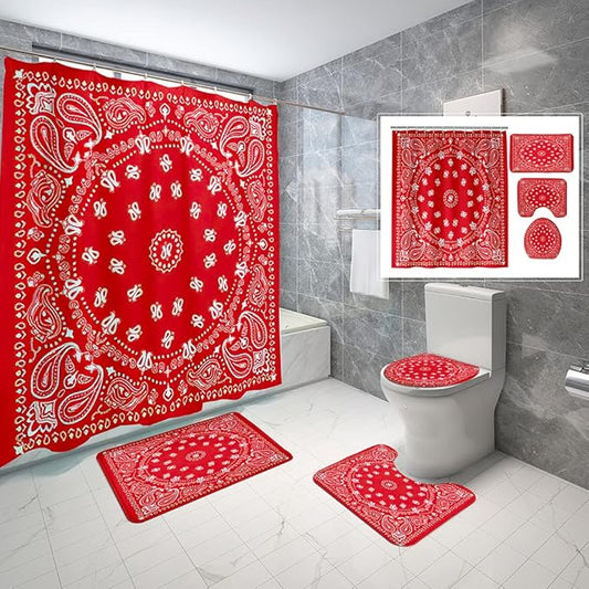4 Piece Western Shower Curtain Waterproof Bandana in Red and White Bathroom Sets with Non-Slip Rugs, Toilet Lid Cover and Bath Mat with Standard Size