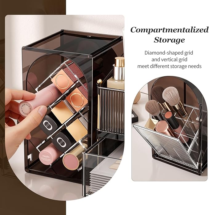 Makeup Organizer for Vanity with Brush Holder, Large Bathroom Countertop Cosmetic Organizer Skin Care Storage, Easy to Store Lipsticks, Nail Polishes, Perfumes (Brown+Transparent)