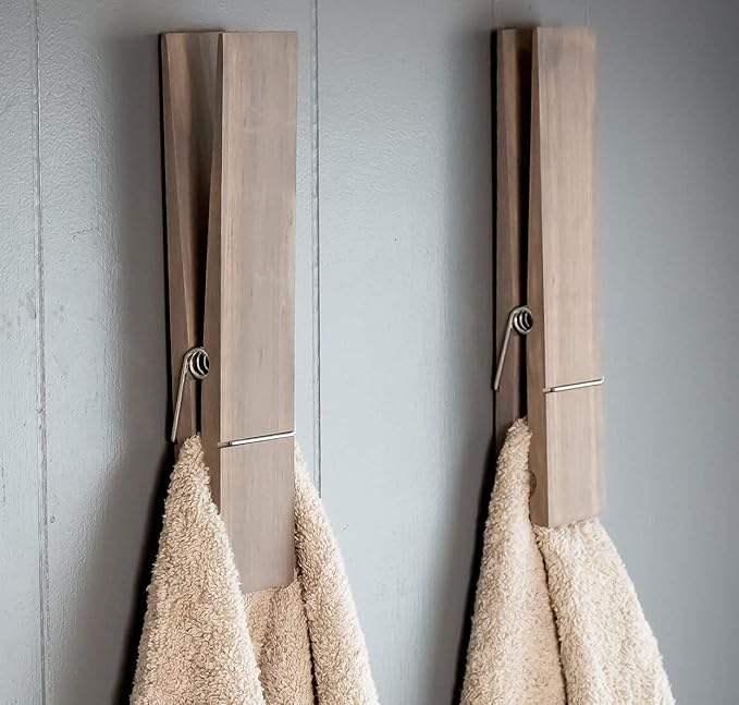 Giant Clothespin Bathroom Towel Holder | Huge 12” Clothes pin | Farmhouse Bathroom décor | Laundry Room or Nursery décor | Towel Rack or Hook | Bathroom Accessories wall décor (Classic Gray)