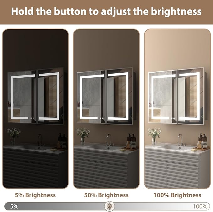 LOVMOR Led Medicine Cabinet with Mirror, Bathroom Vanity Mirror Cabinet with Shelves, 3-Color Lights Dimmer, Silver 30" H x 36" W