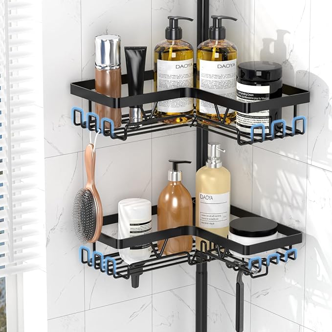 DAOYA Corner Shower Caddy + 2 Soap Holders, 4 Tier Shower Caddy Tension Pole Stainless Steel Black, Extends 25-114.2 Inches, for Bathroom Organizers and Storage, Renter-Friendly and Gift Idea