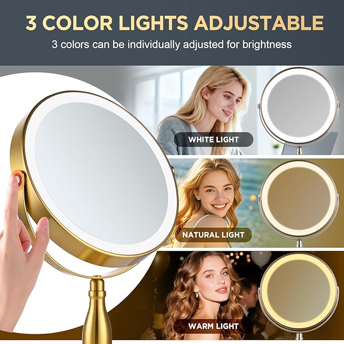Makeup Mirror with Lights, 30X Golden Magnifying Mirror, 5000mAh Rechargeble Double Sided Mirror - Side Charge & Side Touch, Brightness Adjustable with 3 Colors, 360°Swivel Vanity Mirror