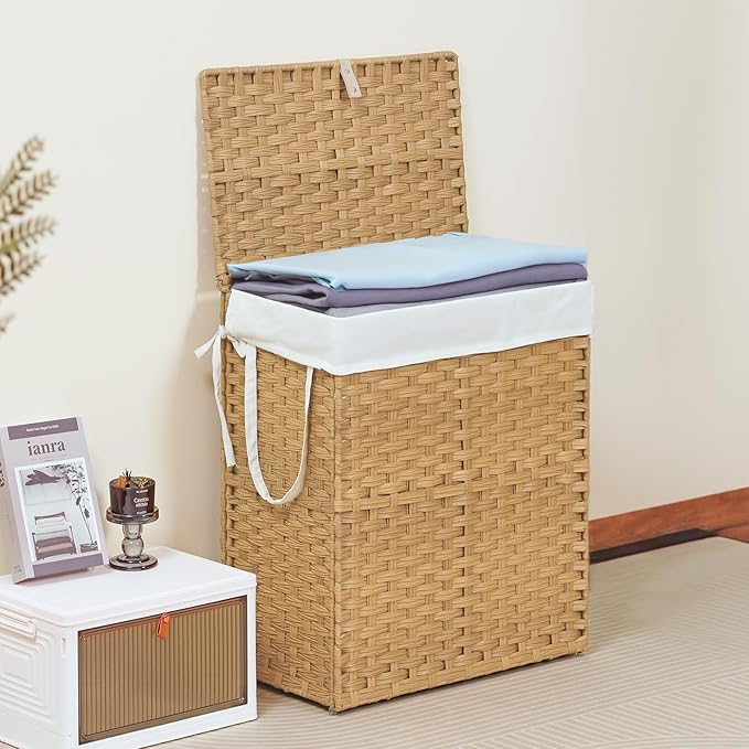 DUMOS Wicker Laundry Basket with Lid, 24 Gallon (91L) Woven Laundry Hamper with Handles, Foldable Rattan Clothes Hamper with Removable Liner & Sturdy Steel Frame, Goose Yellow