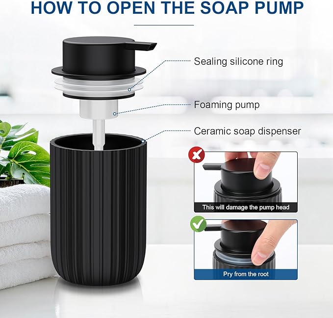 Ceramic Foaming Soap Dispenser, 12 oz Bathroom Foam Hand Soap Dispenser, Refillable Lotion Soap Dispenser with Removable Pump for Kitchen Hand Wash Dispenser, Modern Home Decor(2Pack-Black)