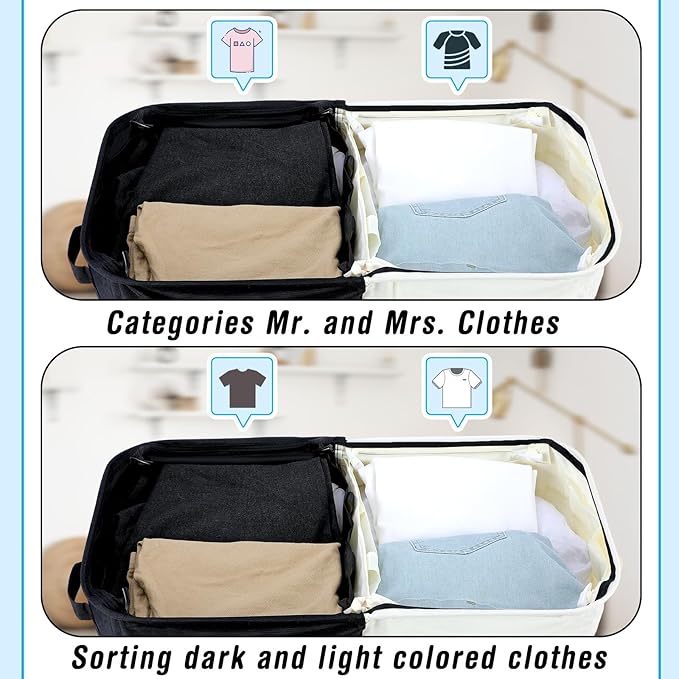DoubleFill 154L Large Double Laundry Hamper with Lid and Removable Bags Laundry Basket 2 Section Collapsible Dirty Clothes Hamper for Bathroom Bedroom for Husband&Wife Parents or Couple(His Hers)