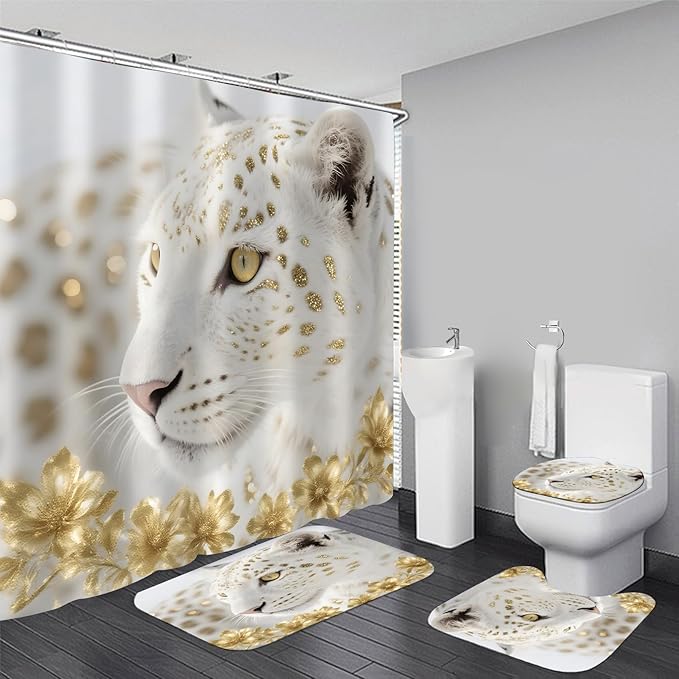 jieprom 4PCS White and Gold Leopard Shower Curtain Set with Rugs, Luxury Golden Floral & Cheetah Print Art, Modern Glam Bathroom Decor, Waterproof Fabric with Non-Slip Mats, 72" x 72"