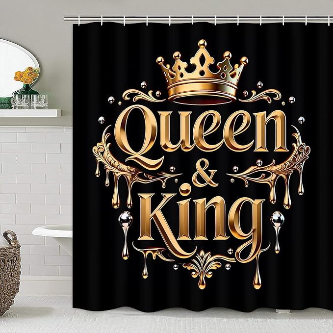 AZHM Golden Crown Print Shower Curtain Set Black Luxury Bathroom Accessories Sets with Shower Curtain and Rugs