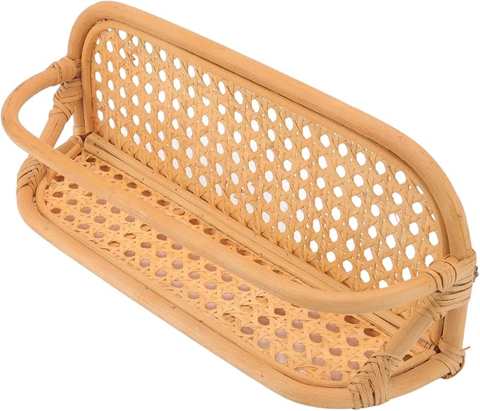 Rattan Wall Shelf, Hand Crafted Natural Rattan Hanging Rack, Wall Mounted Storage Shelf for Bathroom Kitchen Living Room with Durable Woven Design