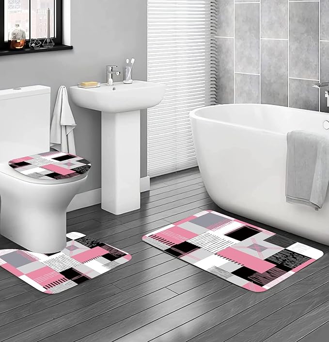 All Smiles Shower Curtain Sets Pink Bathroom Sets with Shower Curtains and Rugs Modern Home Bathroom Décor Accessories,Shower Curtains Waterproof with Non-Slip Rugs Toilet Lid Cover and Bath Mat