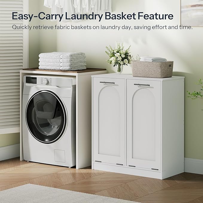 HOOBRO Double Laundry Cabinet, 22 Gal. (83 L) Hamper Cabinet with 2 Hidden Baskets, Farmhouse Storage Basket, Laundry Hamper for Bathroom, Living Room, 14.2" x 28.3" x 32", White WT81XY01N1