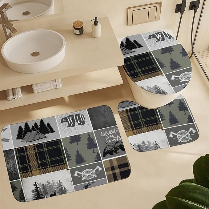 Rustic Cabin Bear Deer Shower Curtain Sets with Rugs 4 Piece Accessories Bathroom Curtains Shower Set Include Shower Curtain Non-Slip Rug Toilet Lid Cover Bath Mat One Size
