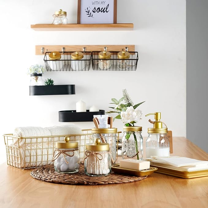 SheeChung 8PCS Mason Jar Bathroom Accessories Set Complete - Soap Dispenser, Toothbrush Holder, 2pcs Qtip Holders, Flower Vase, Soap Holder, Vanity Tray, Toilet Paper Storage, Bathroom Decor - Gold