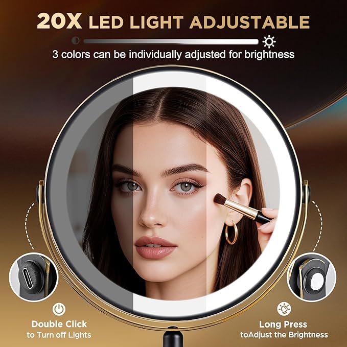 Lighted Makeup Mirror, 20x Magnifying Rechargeable Double Side Vanity Mirror, 3 Color Lights with Brightness Adjustable, Matte Black with Gold Trim, Modern Style Side Touch + Side Charge, Women Gift
