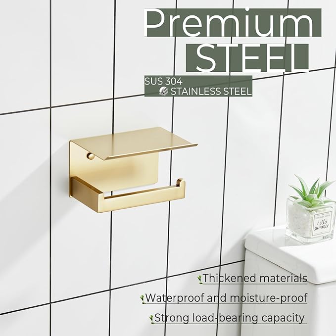 KOKOSIRI Toilet Paper Holder with Shelf Toilet Roll Holder for Bathroom Restroom T-304 Stainless Steel Wall Mounted, Gold Finish, B2010BG