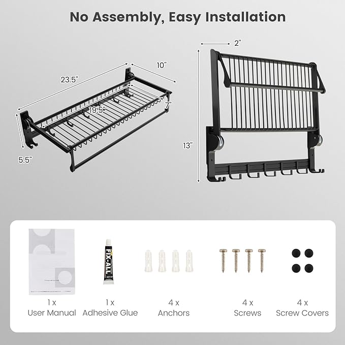Tangkula Foldable Bathroom Shelf, Wall Mounted Bathroom Shelf Rack w/Adjustable Bar & Movable Hooks, Rustproof & Waterproof Space-Aluminum Holder Organizer, No Assembly Required (Black)