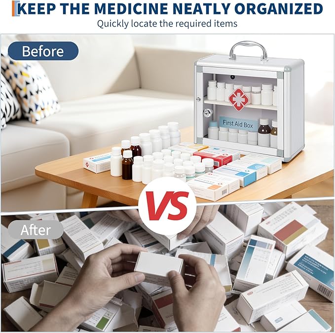 Garvee Small Lockable Medicine Cabinet with Handle,Protable First Aid Cabinet Wall Mount with Sticker for Bathroom,11.42"×4.33"×9.84",Sliver