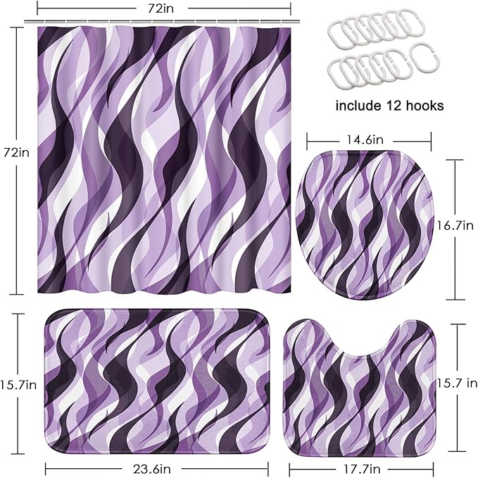 Purple Shower Curtain Set with Toilet Lid Cover and Non-Slip Rugs for Bathroom, Geometric Lines Ombre 4 Pcs Shower Curtain, Simple Abstract Modern Bathroom Set with 12 Hooks